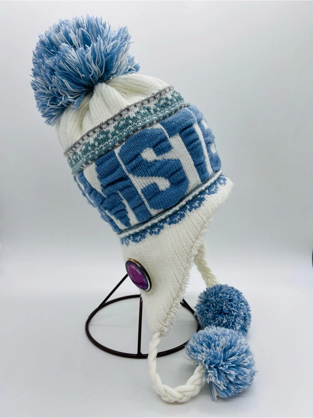 Robin Ruth Light Blue and White Pom-Pom Sherpa Earflap Hat “Amsterdam” One Size